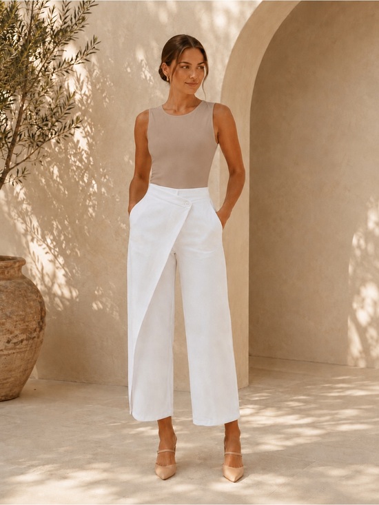 Commense Pants - Commense White Wide-Leg Wrap-Front Pants
